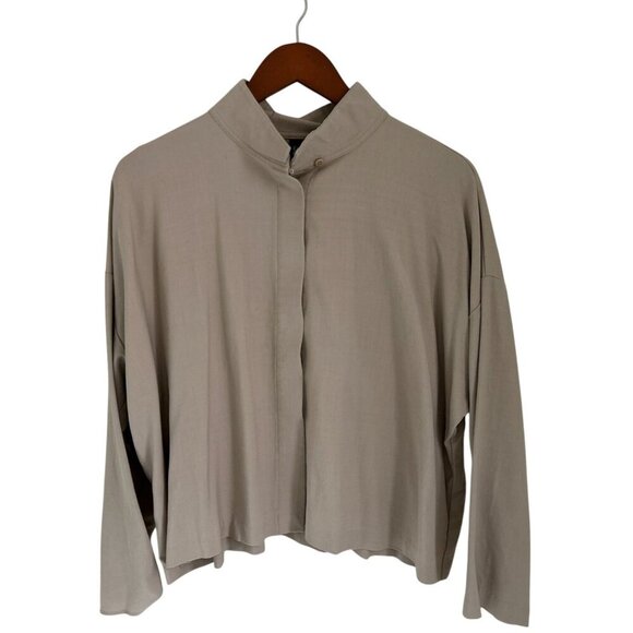 Eileen Fisher Cardigan Blouse 100% Wool Hidden Button Coffee Beige Size M - Picture 1 of 8